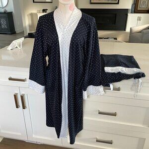FN by Flora Nikrooz 2 pce Lounging Robe & Pants Polka Dot Print Navy White Sz L